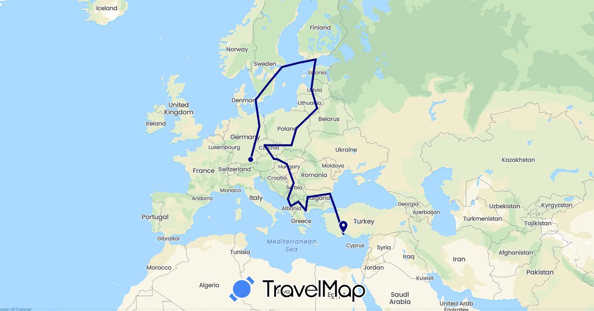 TravelMap itinerary: driving in Albania, Austria, Bulgaria, Czech Republic, Germany, Denmark, Estonia, Finland, Greece, Hungary, Lithuania, Latvia, Montenegro, Macedonia, Poland, Serbia, Sweden, Slovakia, Turkey (Asia, Europe)
